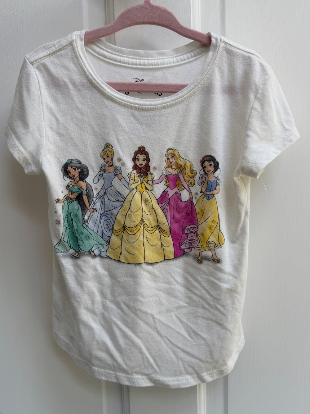 Disney 4T Girls Off White Princess Belle Short Sleeve Tee Shirt Top Blouse
